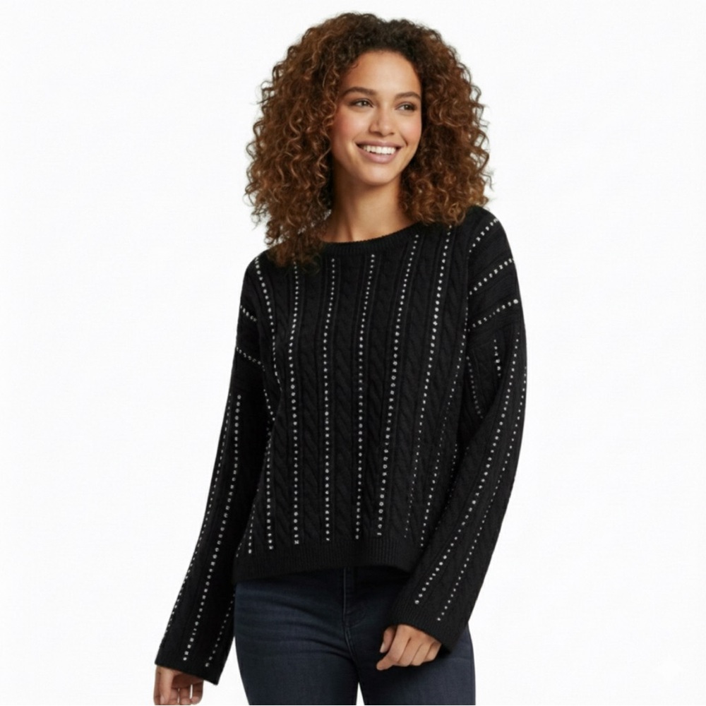 Adyson Parker Black Cable Knit Sequin Striped Sweater NWT Size Large